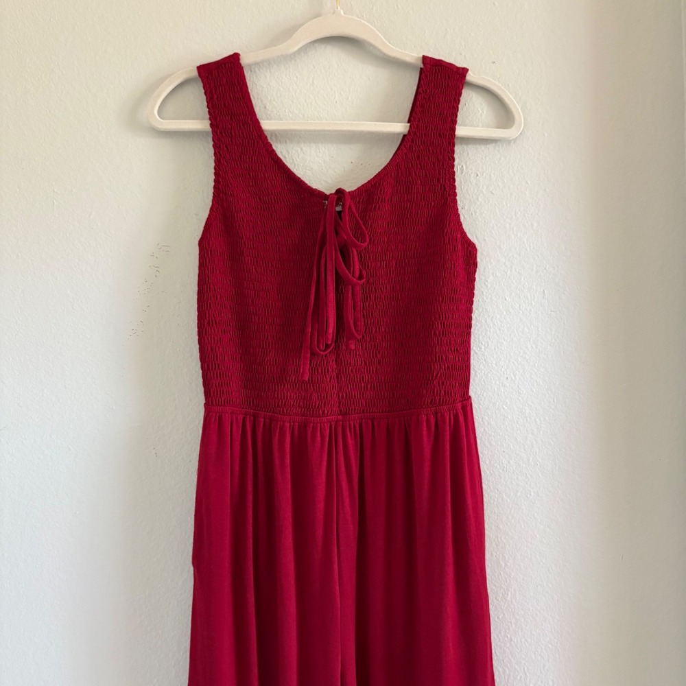 Grace Karin Womens Smocked Wide Leg Jumpsuit Wine Red Sleeveless Size S Pocket